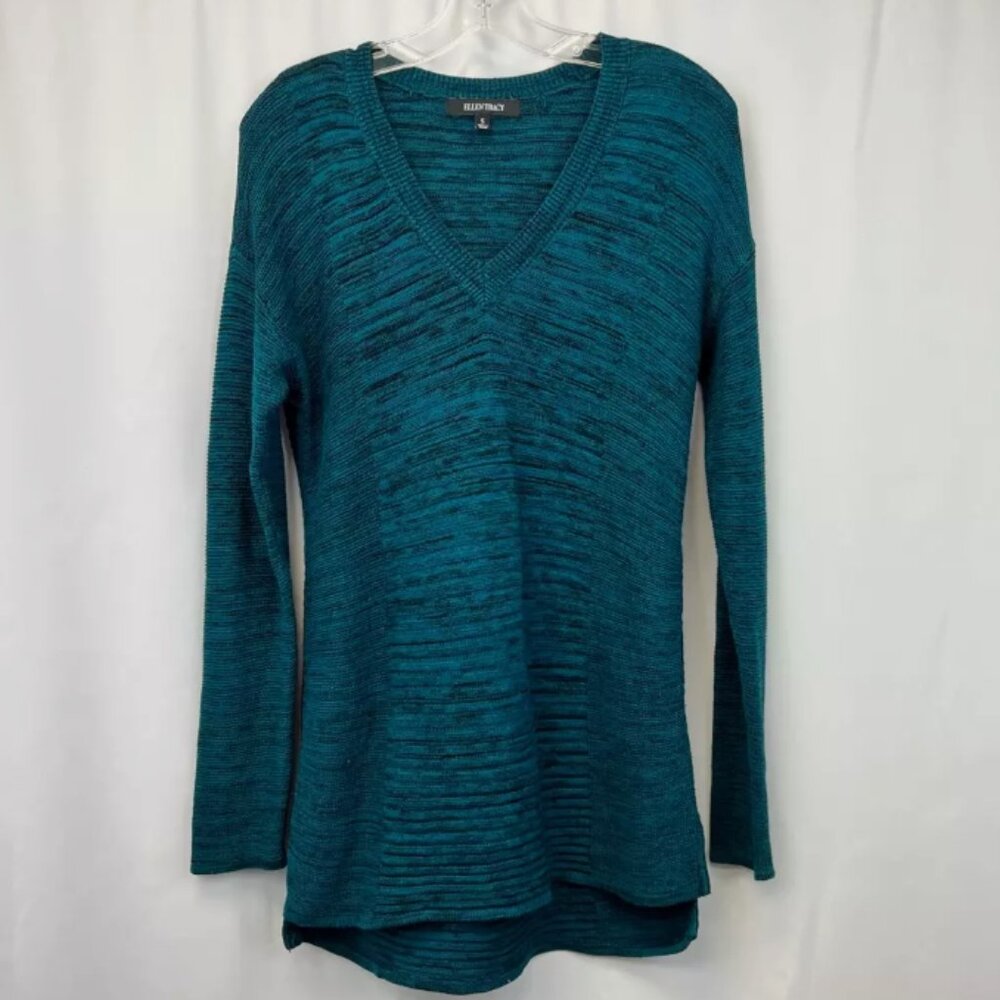 Ellen Tracy V Neck pullover ribbed Sweater Green Cape Verde